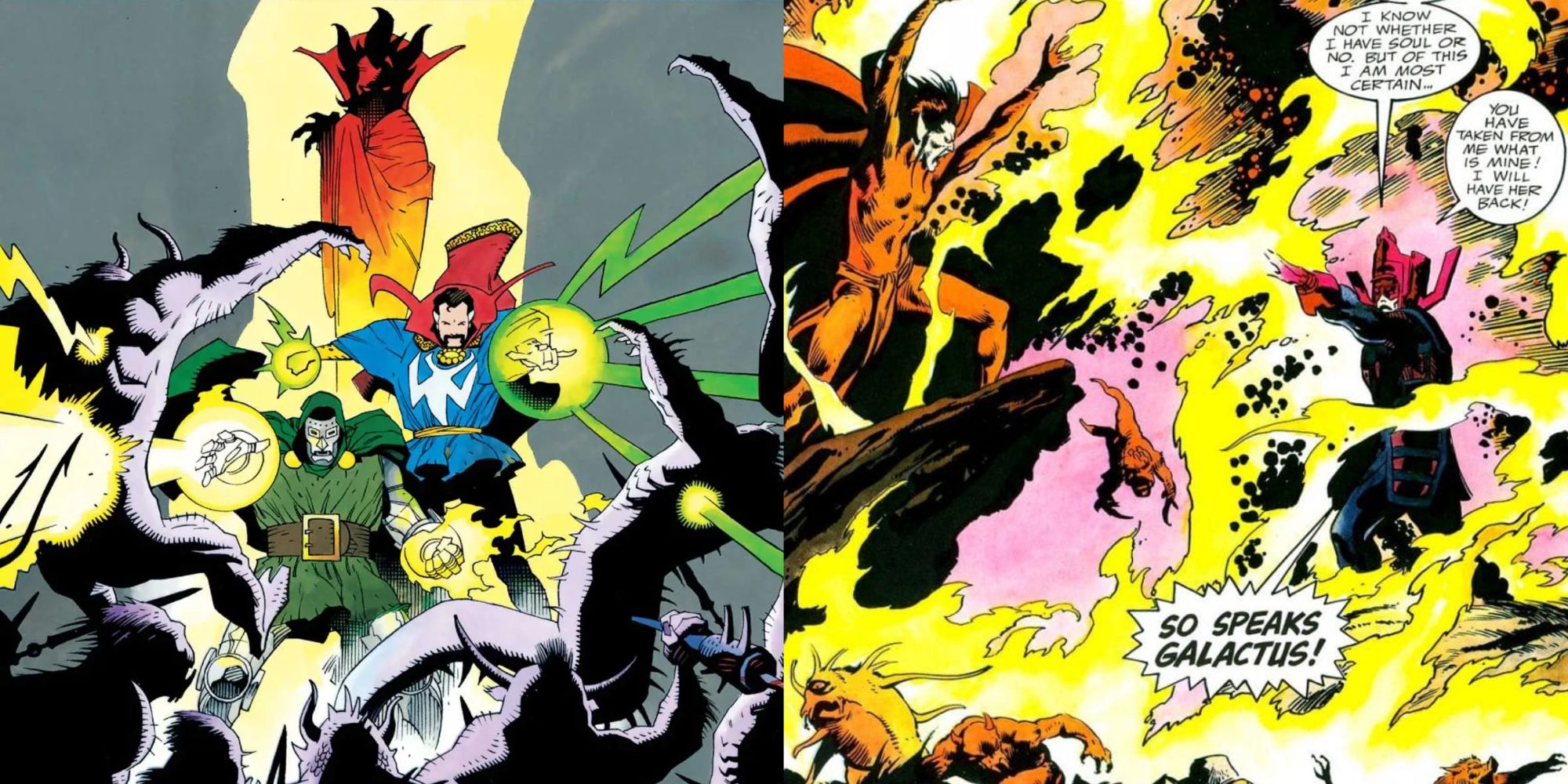 Split image of cover of Triumph and Torment graphic novel and Mephisto fighting Galactus in Marvel Comics.