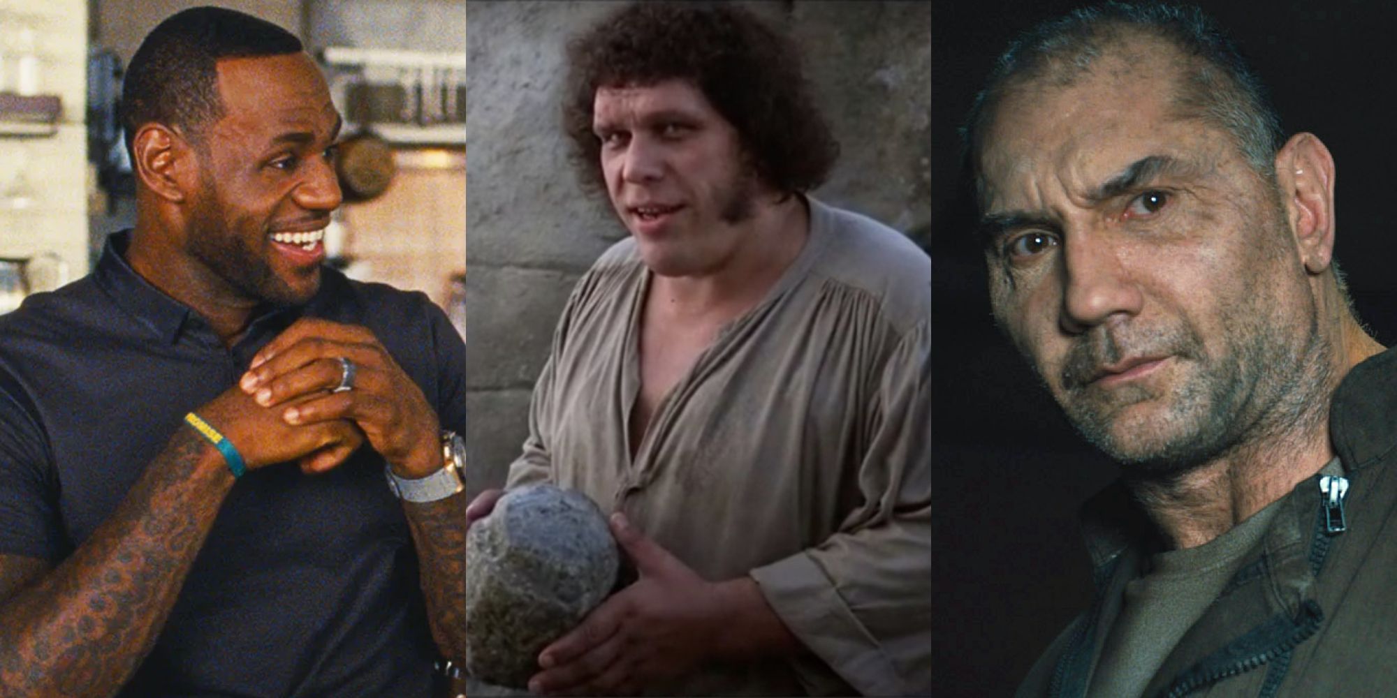 LeBron James, Andre the Giant, and Dave Bautista acting in films