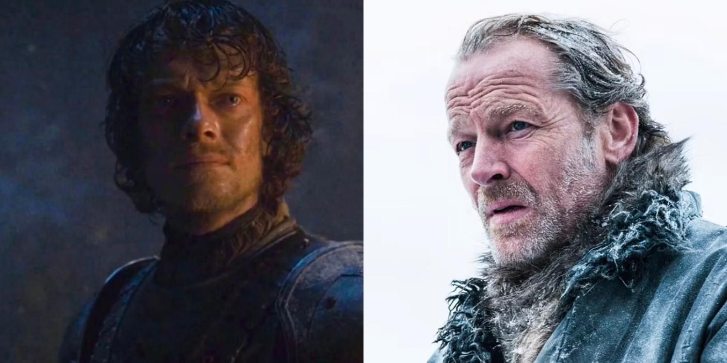 Theon in firelight and Jorah in the snow