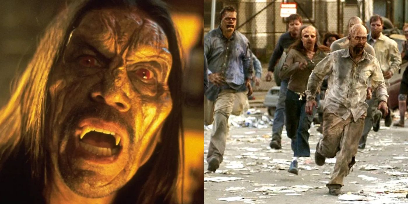A vampire in From Dusk Till Dawn alongside an image of zombies from Dawn of the Dead. 