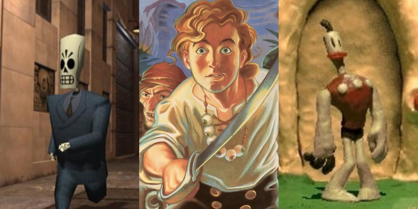 A split image of the games Grim Fandango, Secret of Monkey Island, and The Neverhood