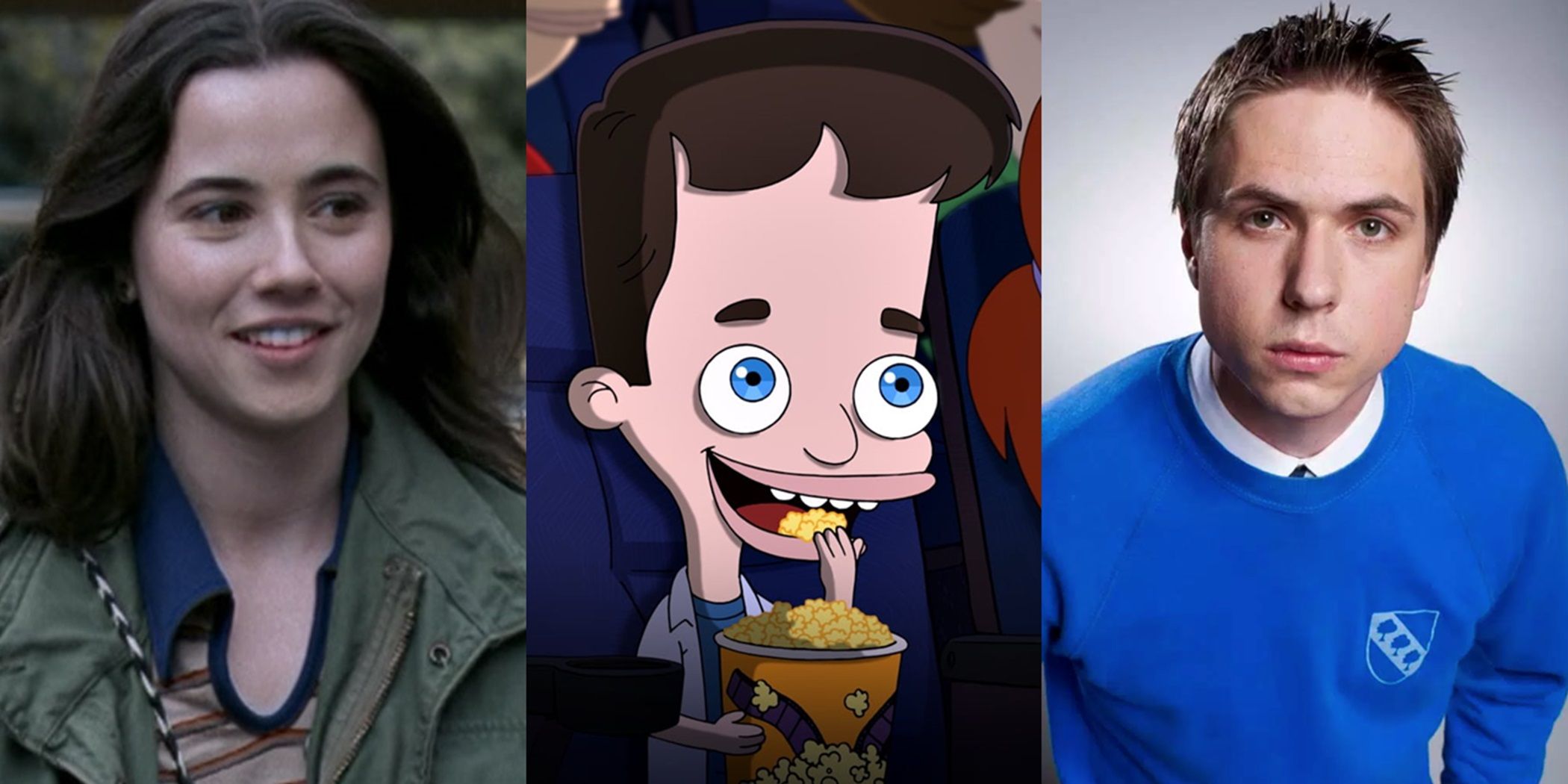 Split image of Lindsay in Freaks and Geeks, Nick in Big Mouth, and Simon in The Inbetweeners