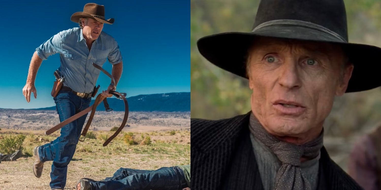 A cowboy running and a man in a hat looking shocked