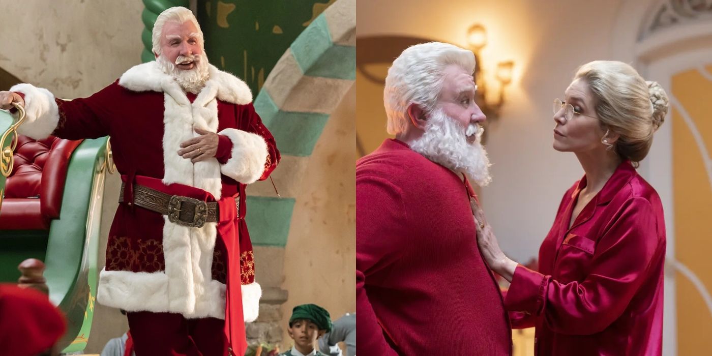 Split image of Santa Clause making a speech and with Mrs. Clause in The Santa Clauses
