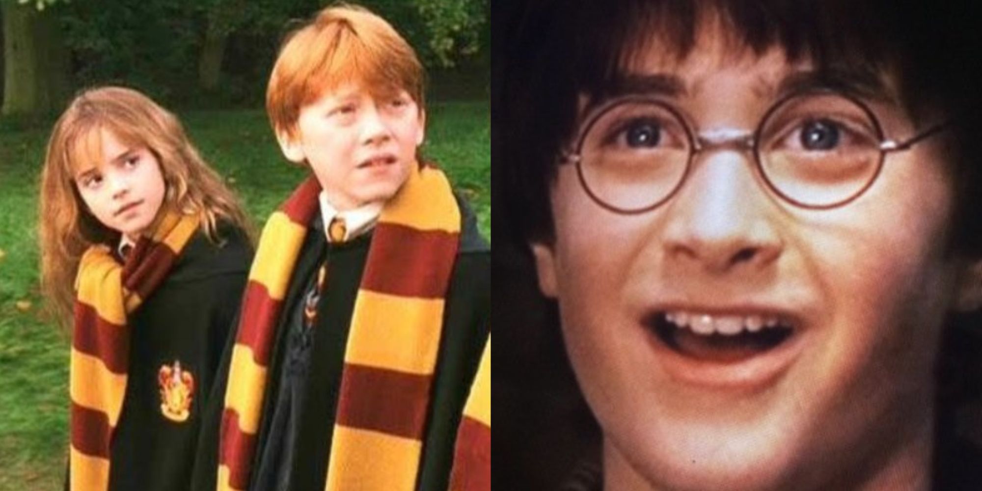 Split Image of Hermione and Ron looking shocked while dressed in robes and scarves, and Harry's smiling for a meme template