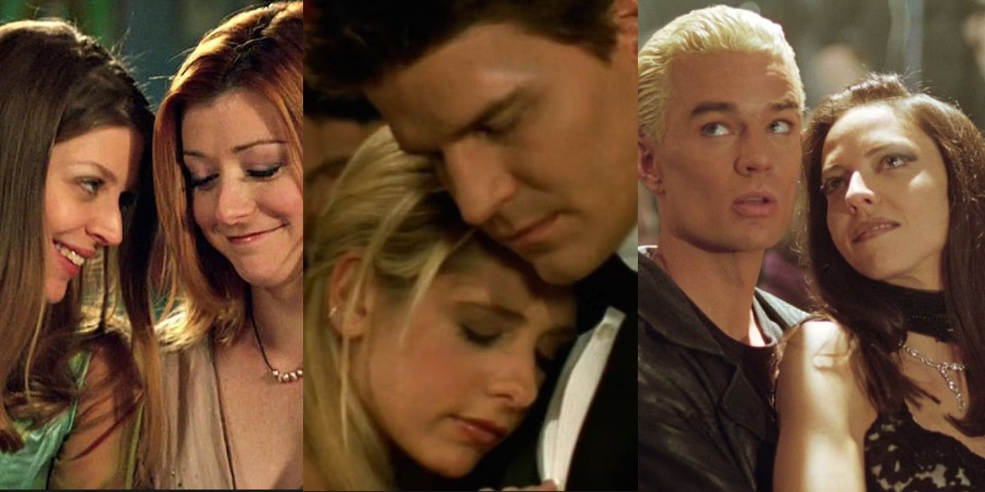 Split image of Willow and Tara, Buffy and Angel, and Spike and Drusilla from Buffy the Vampire Slayer