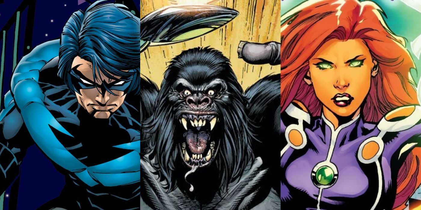 Split image of Nightwing, Gorilla Grodd, and Starfire