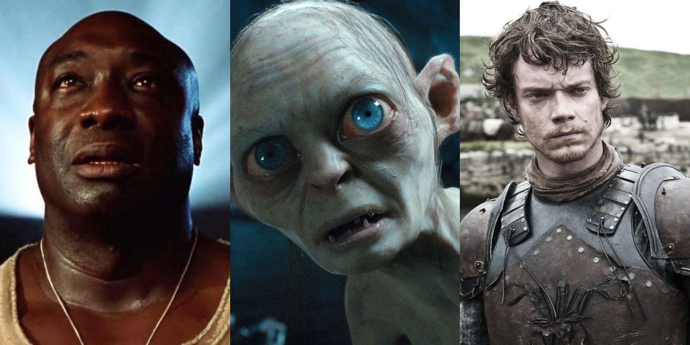 Split image John Coffrey from The Green Mile, Gollum Lord of the Rings, and Theon Game of Thrones