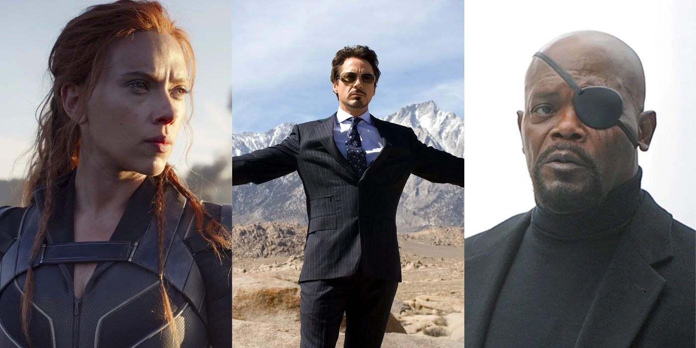 Split image showing Black Widow, Tony Stark, and Nick Fury in the MCU