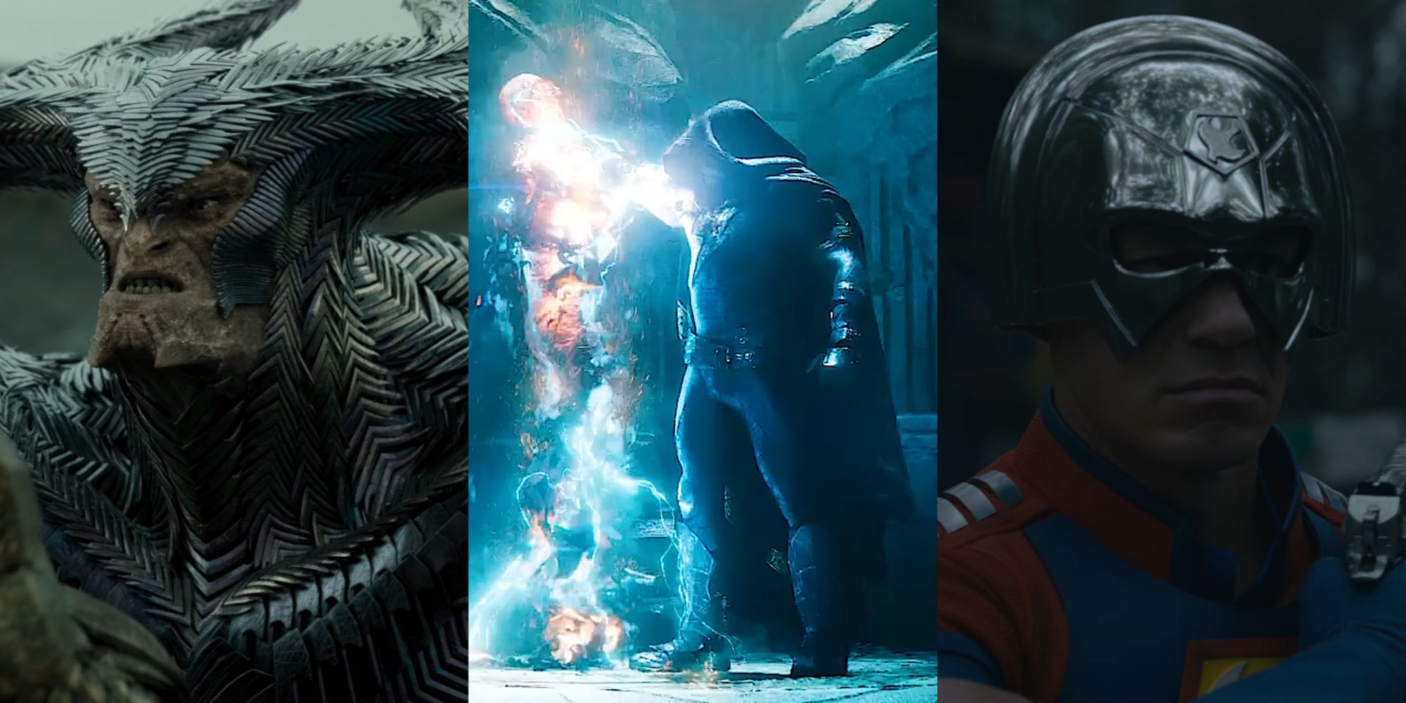 Split image of Steppenwolf, Black Adam, and Peacemaker across the DCU