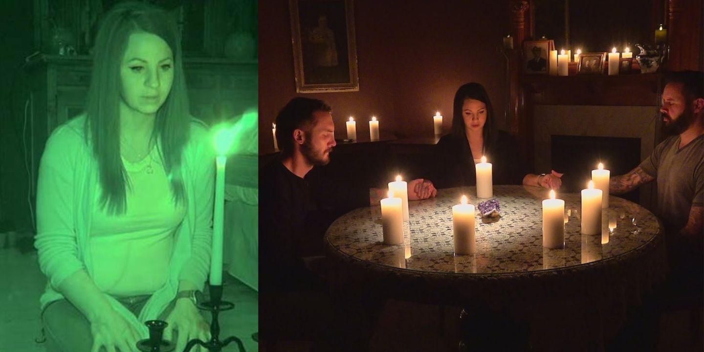 Split image of Amy candle scrying and a seance performed on 28 Days Haunted