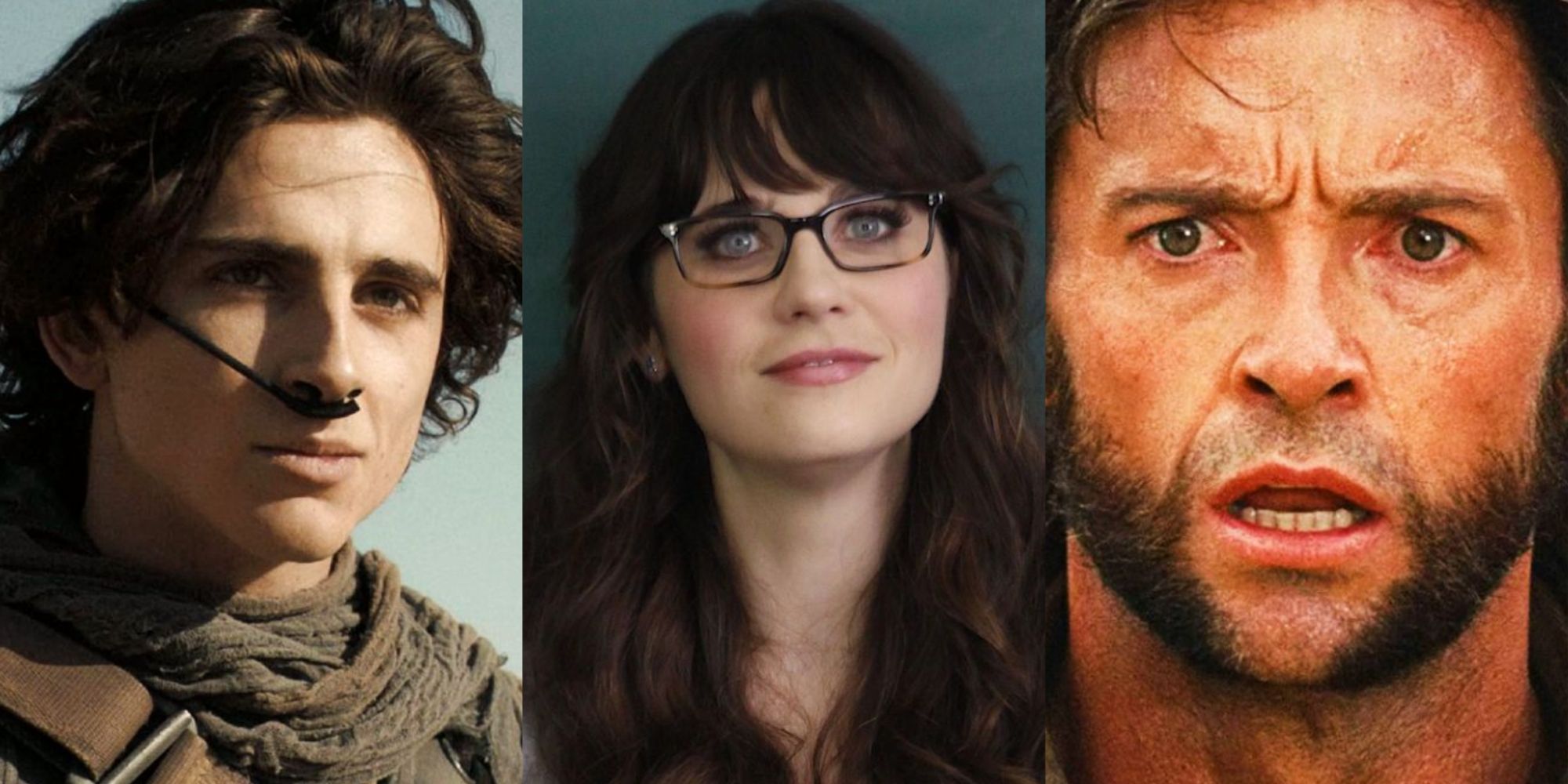 A split image of Timotheé Chalamet, Zooey Deschanel, and Hugh Jackman