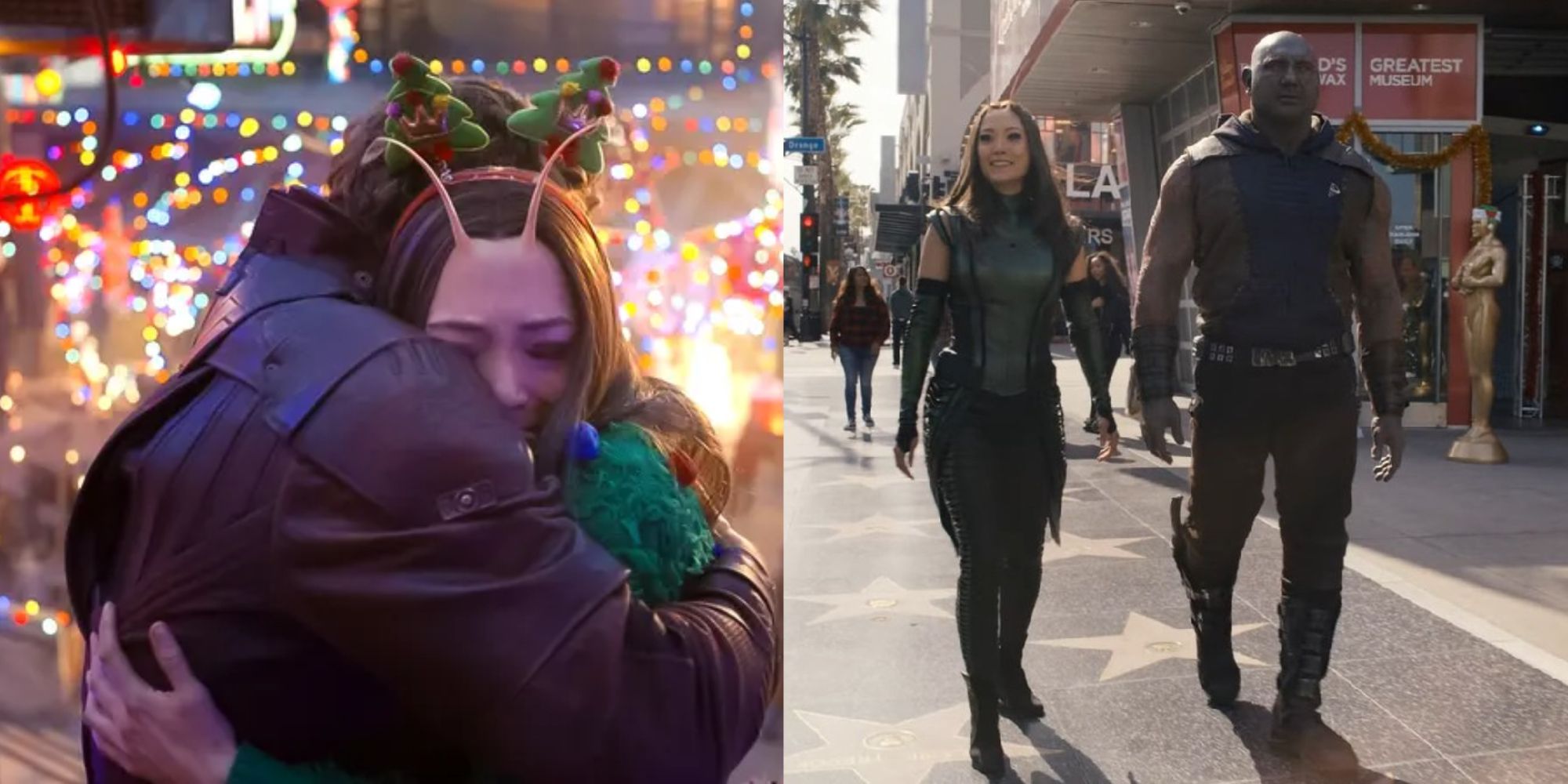 Split images of Mantis and Star-Lord hugging and Mantis and Drax walking in the street in The Guardians of the Galaxy Holiday Special