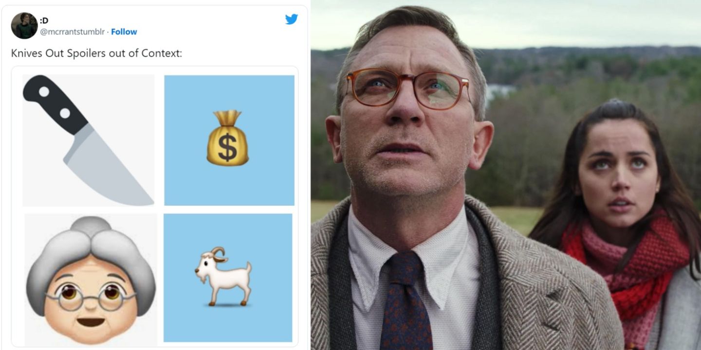 Split image of a Knives Out meme and Daniel Craig and Ana De Armas