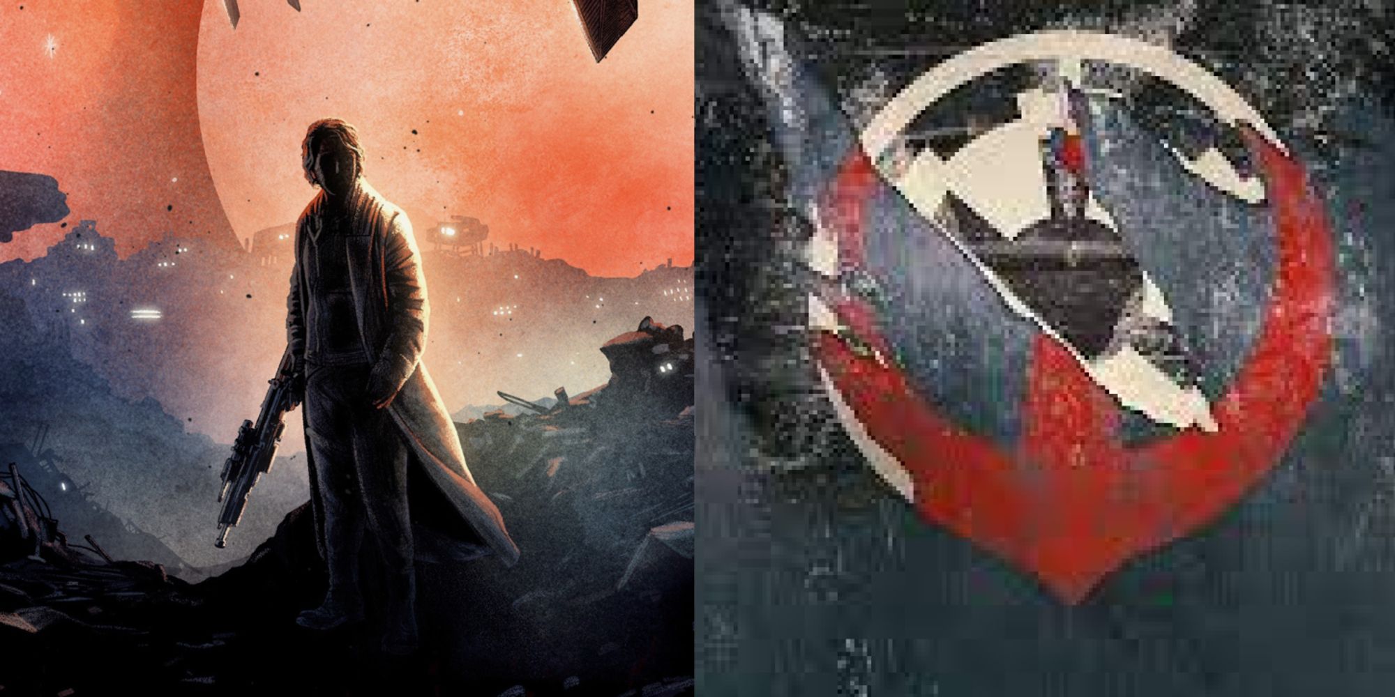 Split image of Cassian Andor's silhouette and the Imperial cog blended with the Rebel sigil