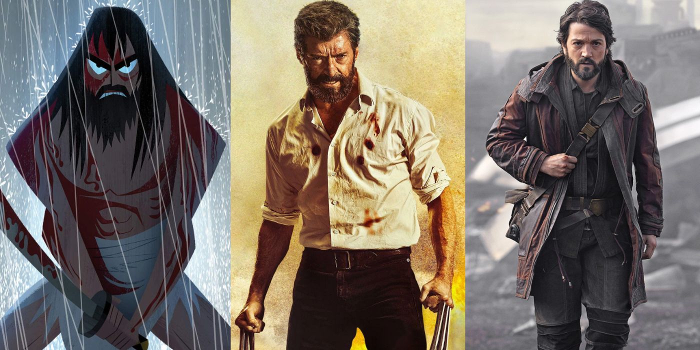 A split image of Samaurai Jack, Logan, and Cassian Andor
