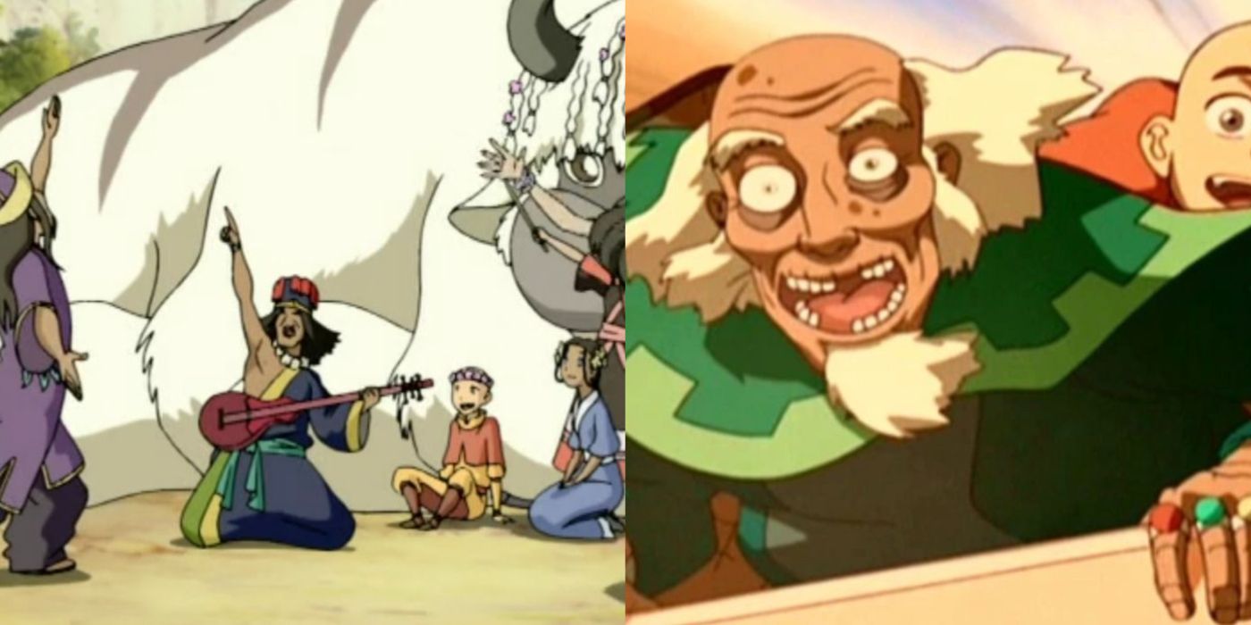 Split image of the singing nomads and Aang and Bumi in Avatar The Last Airbender