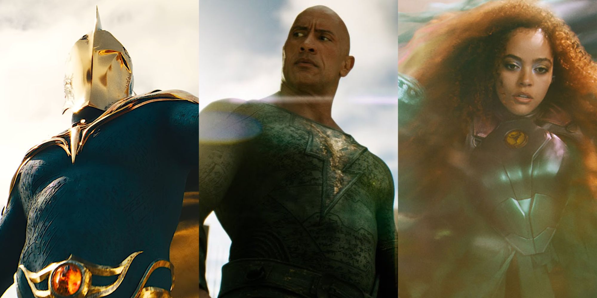 Split image of Doctor Fate, Teth Adam, and Cyclone in Black Adam (2022)