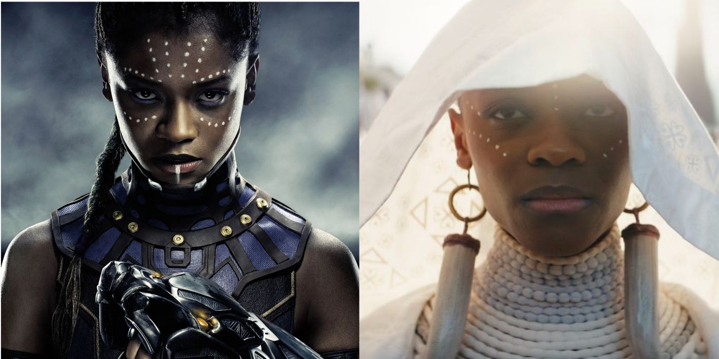 A split image of Shuri as the Black Panther and Shuri in her funeral attire