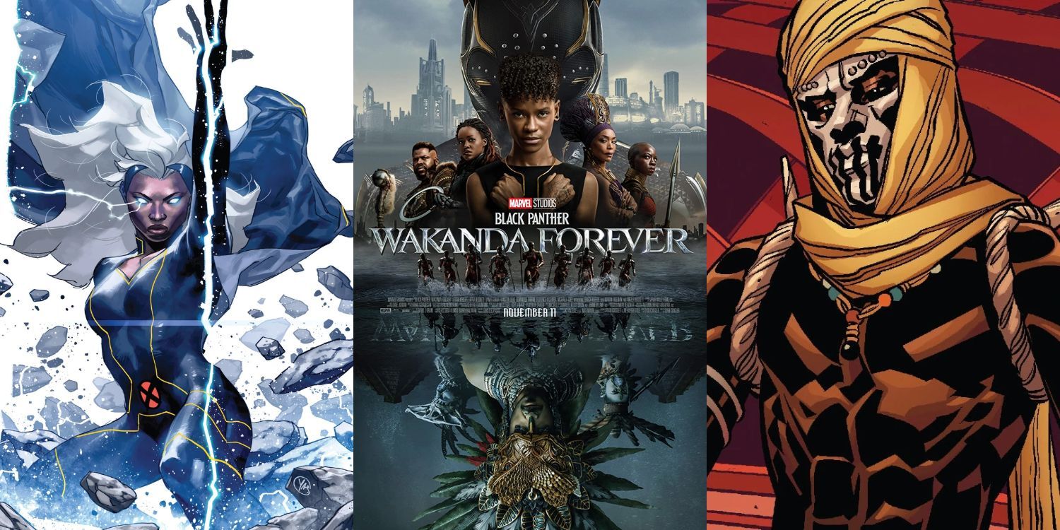 Split Image of Black Panther Wakanda Forever Poster, Storm & Tetu from Marvel Comics