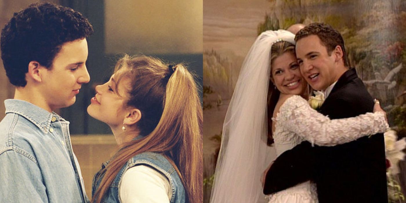 Split image of young Cory and Topanga gazing into each other's eyes and older Cory and Topanga getting married and hugging from Boy Meets World