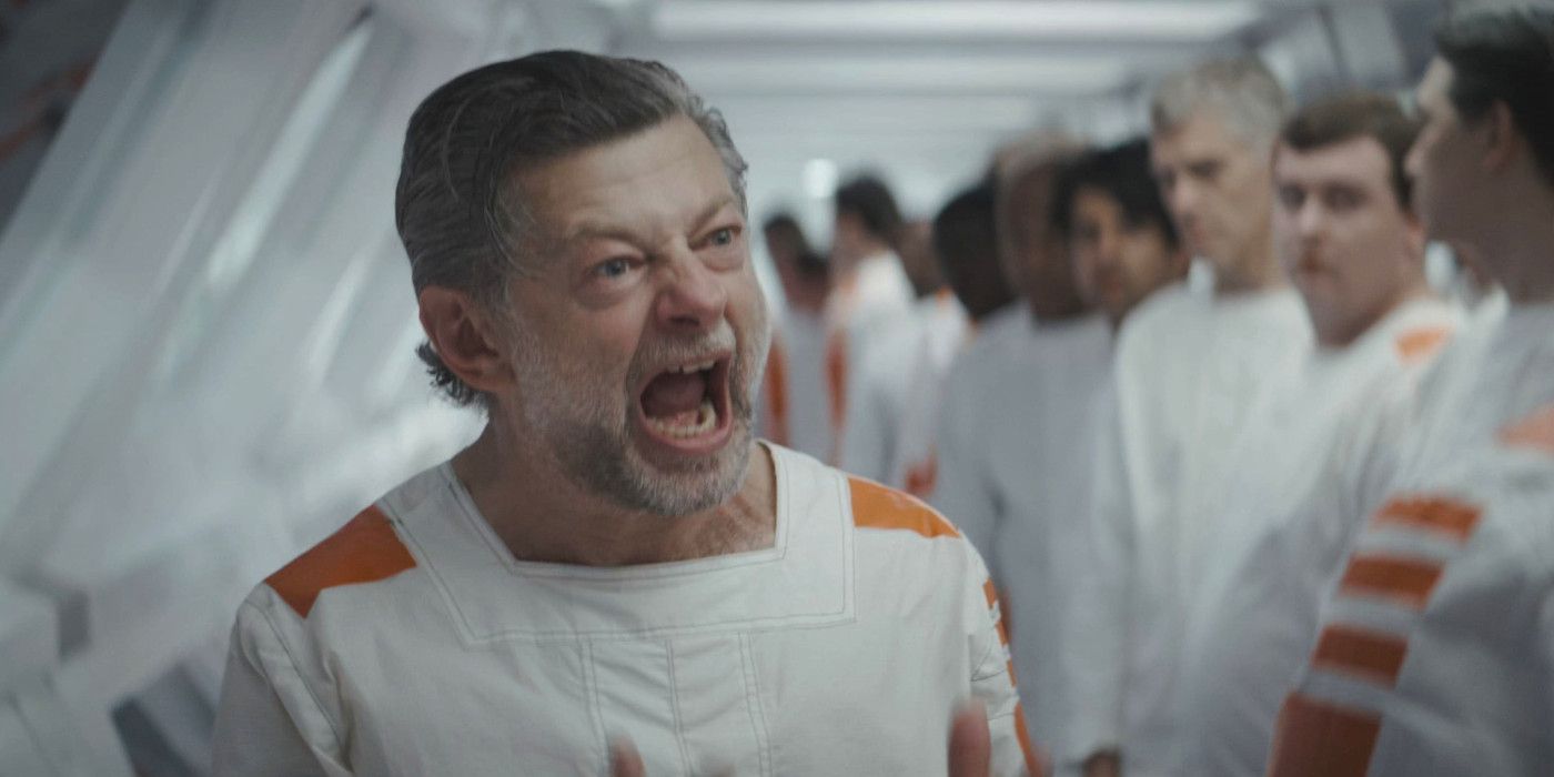 Andy Serkis in Andor season 1 yelling at other men in a corridor