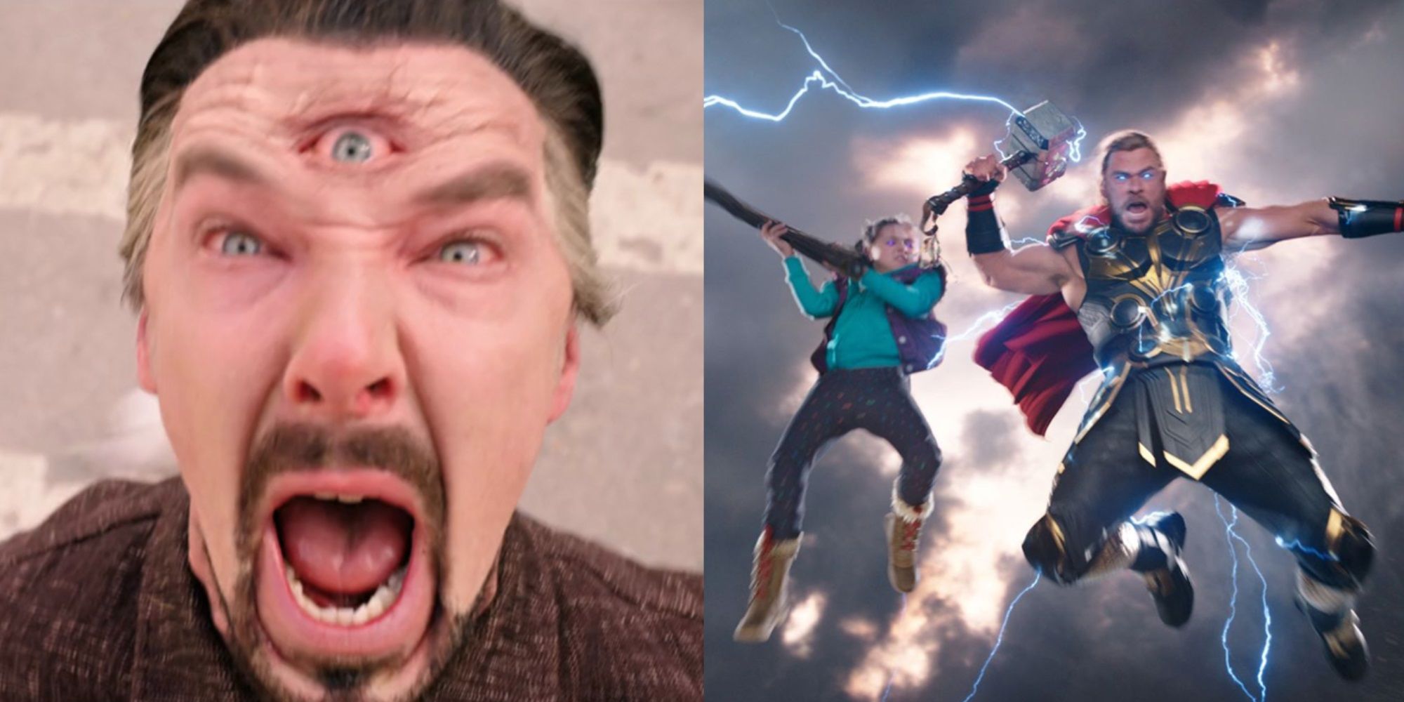 Split image of Doctor Strange with a third eye and Love and Thunder jumping into battle