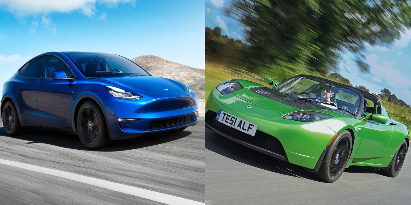 A Tesla Model Y is seen beside a Tesla Roadster