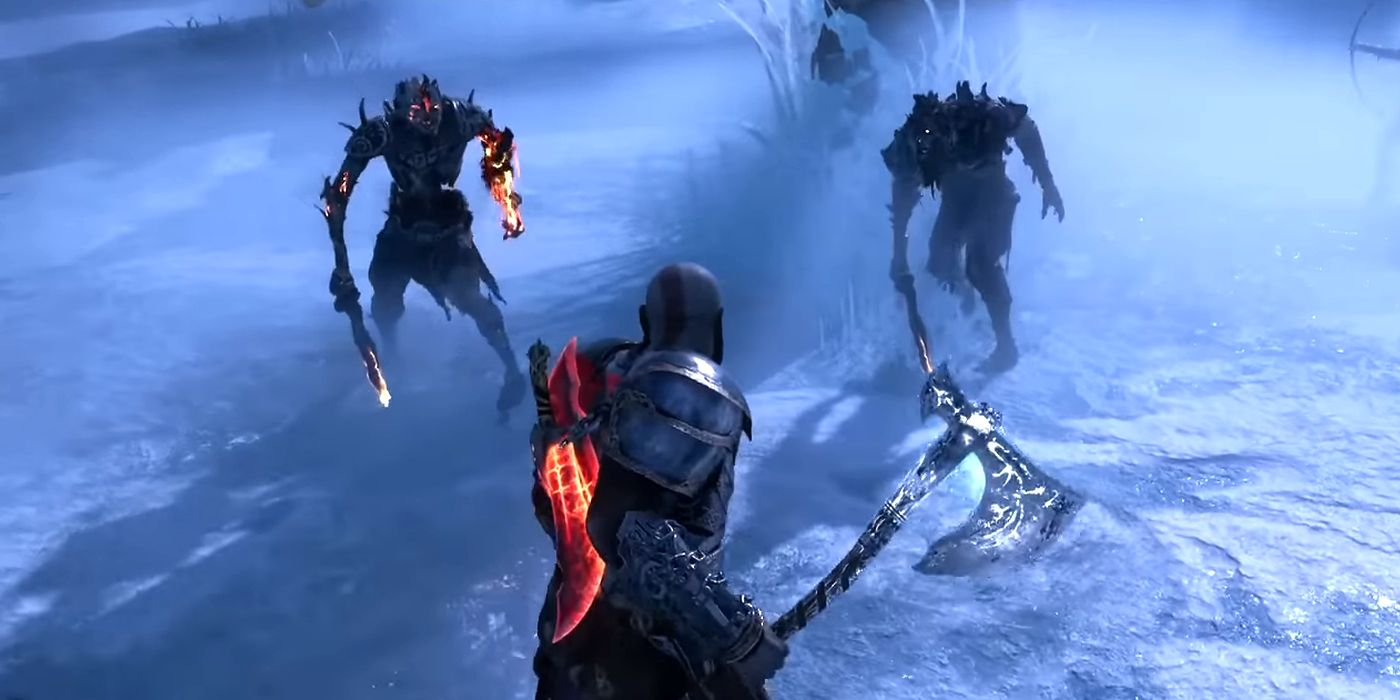 Kratos Facing Two Draugr in God of War Ragnarök