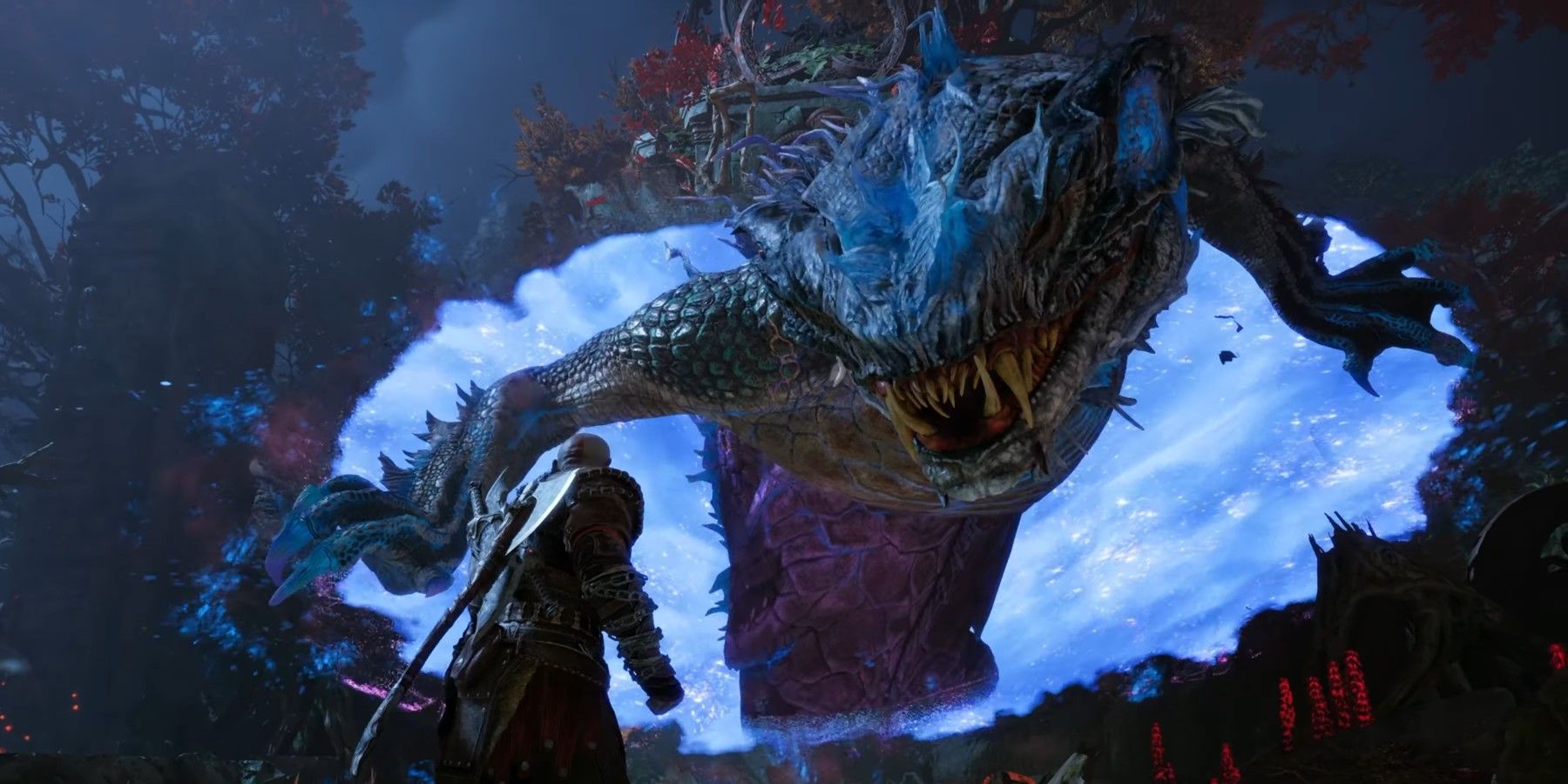 Nidhogg in God of War: Ragnarök lunging out of a World Tear at Kratos