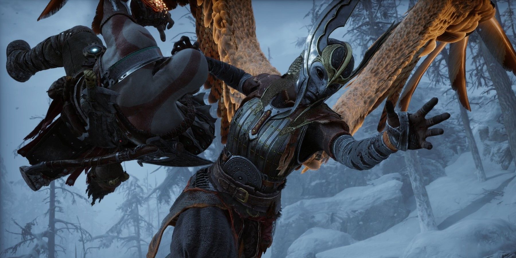 Vanadis in God of War: Ragnarök choke slamming Kratos