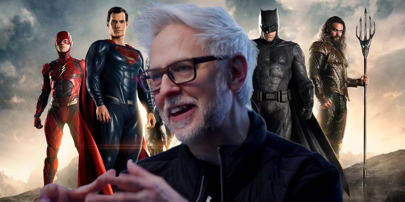 James Gunn in front of the Justice League as a backdrop
