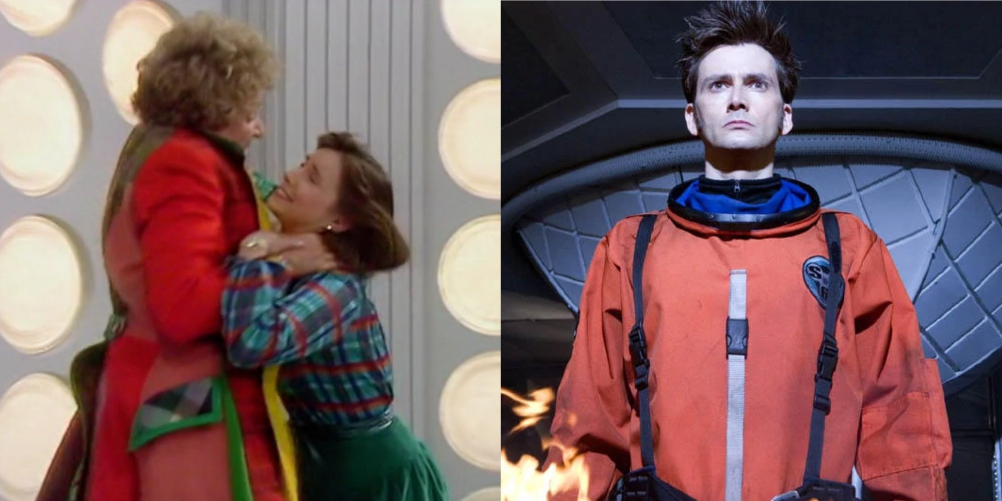 The Sixth Doctor strangles Peri while Ten burns with righteous fury