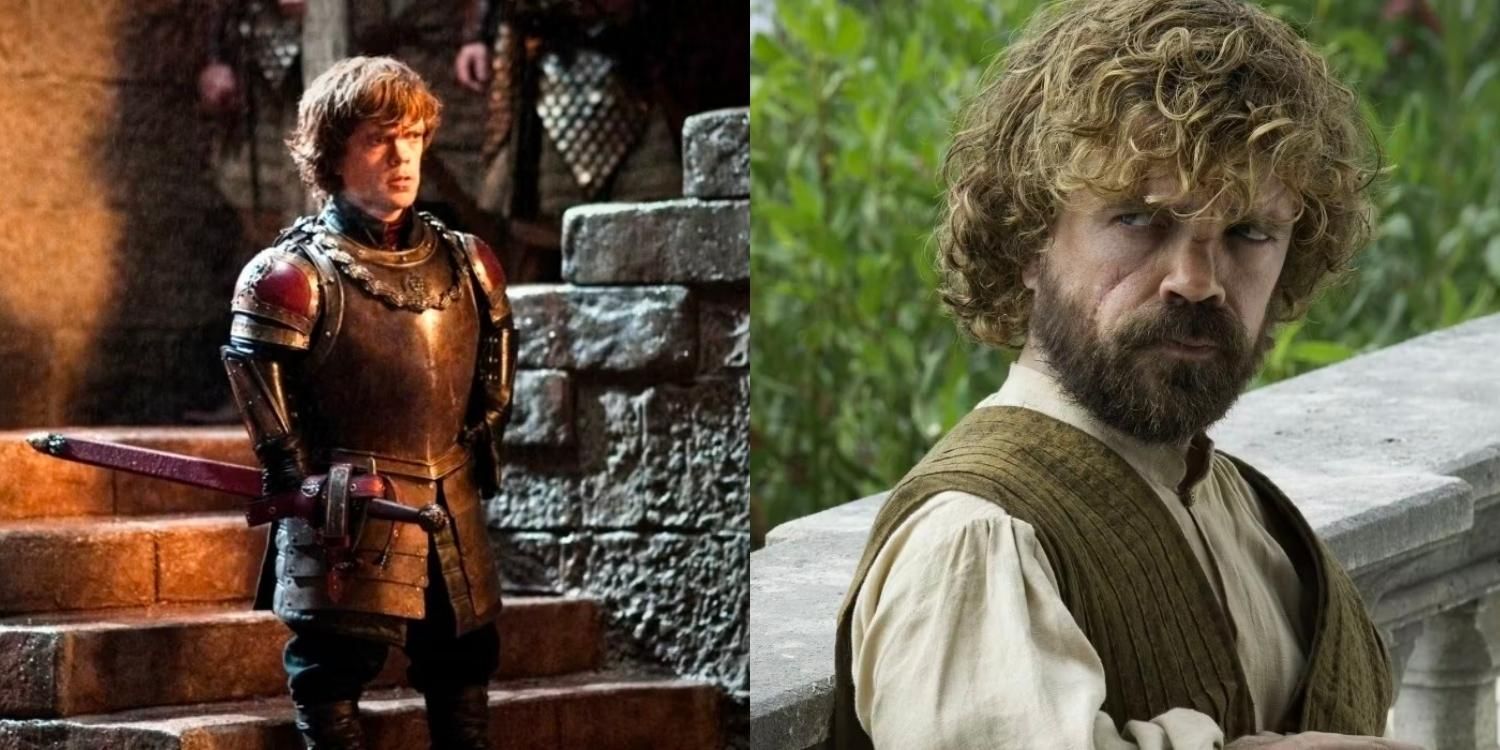 Tyrion standing on the stairs in armor and in a vest leaning against a balustrade