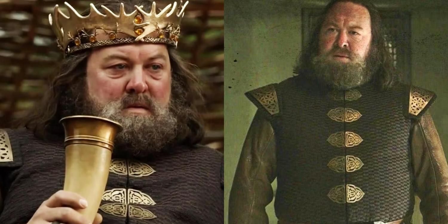 Robert wearning a crown and drinking and Robert looking solemn