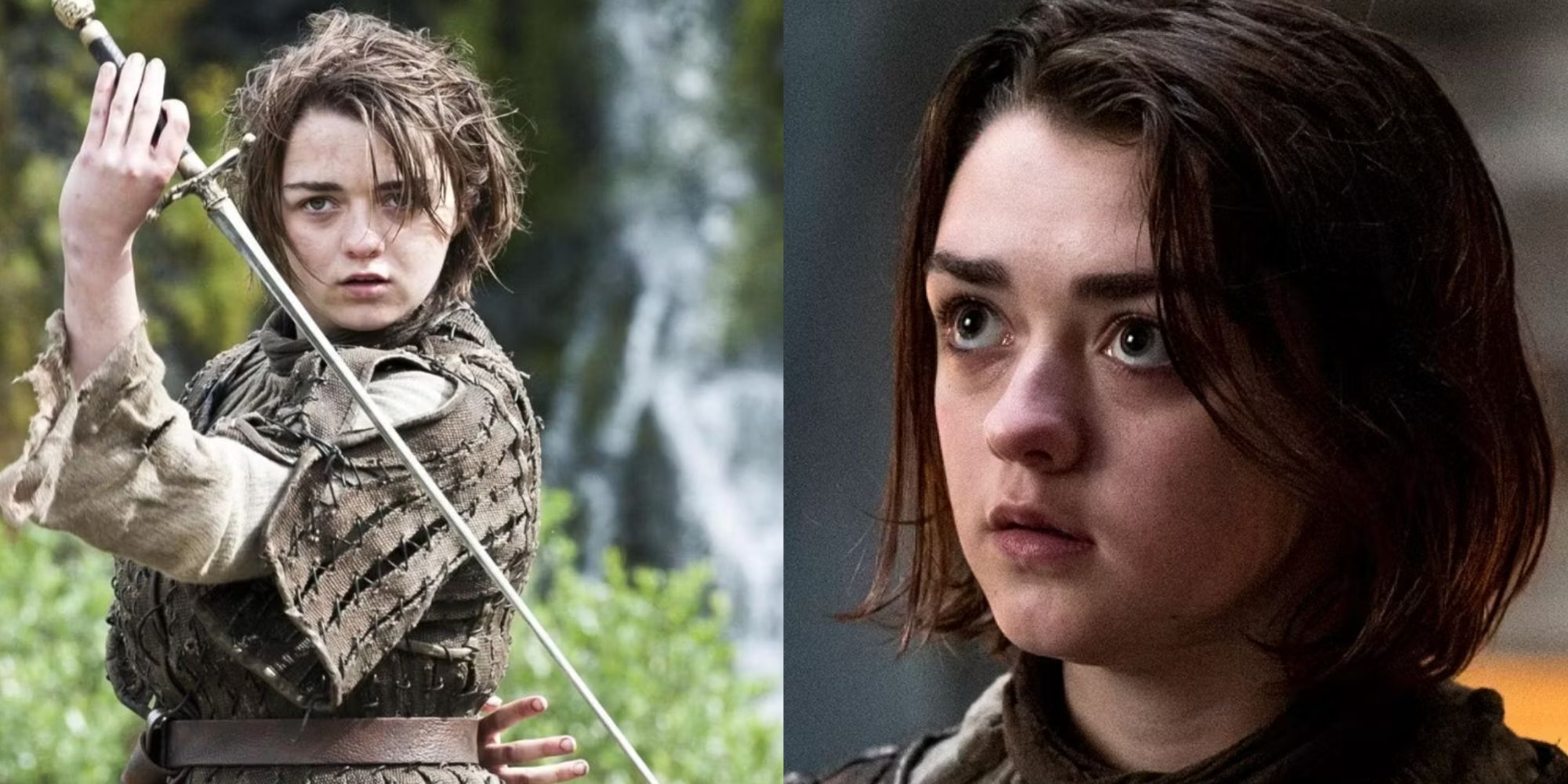 Split image of Arya Stark with a sword or looking up in Game of Thrones