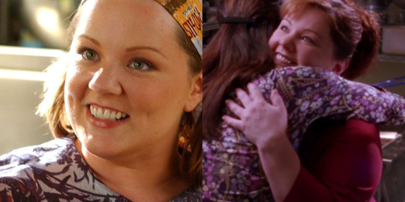 Sookie St. James smiling alongside an image of her hugging Lorelai in Gilmore Girls. 