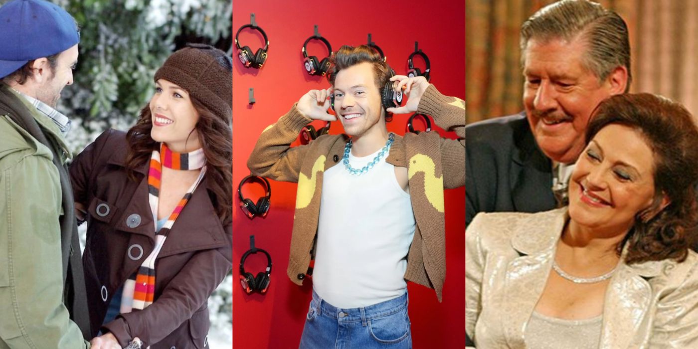 Split Image Luke and Lorelai, Harry Styles, and Emily and Richard on Gilmore Girls