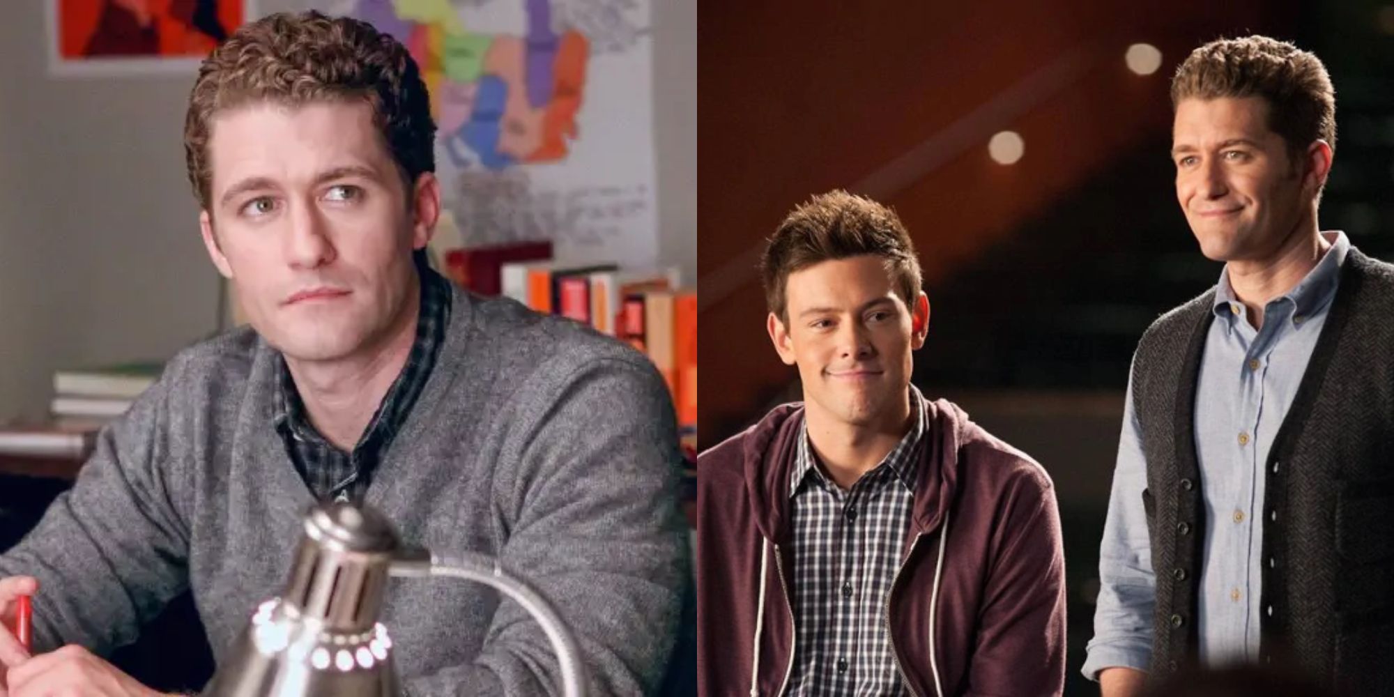 Split image showing Will Schuester alone and with Finn Hudson in Glee.