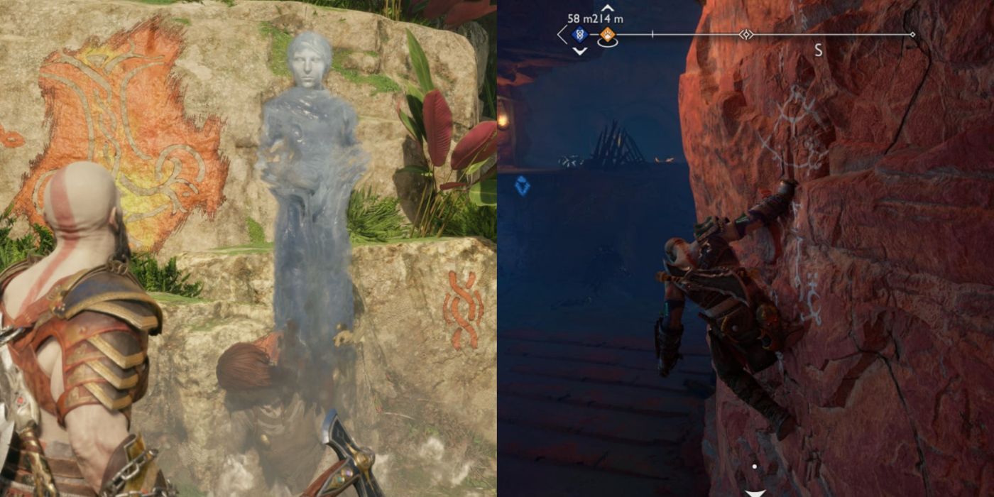 A split image of Kratos during quests in god of war ragnarok.