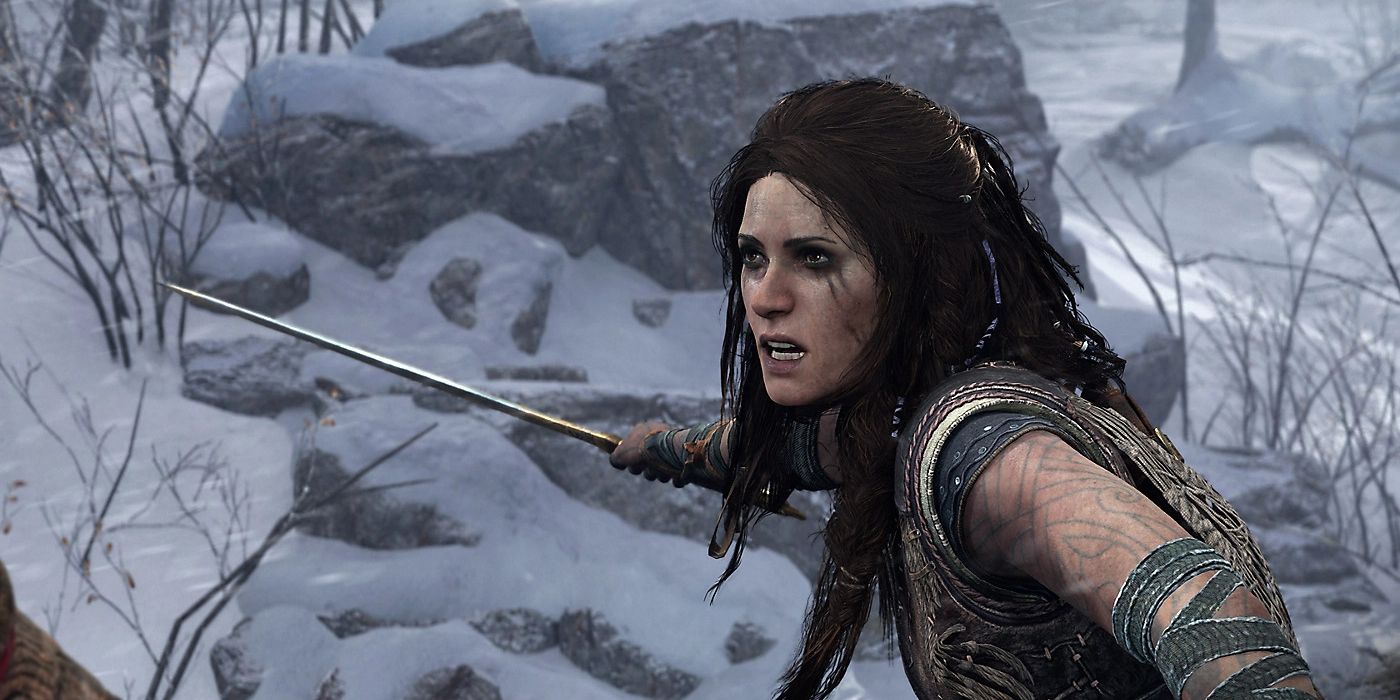 A screenshot of Freya brandishing her blade in God of War Ragnarök.