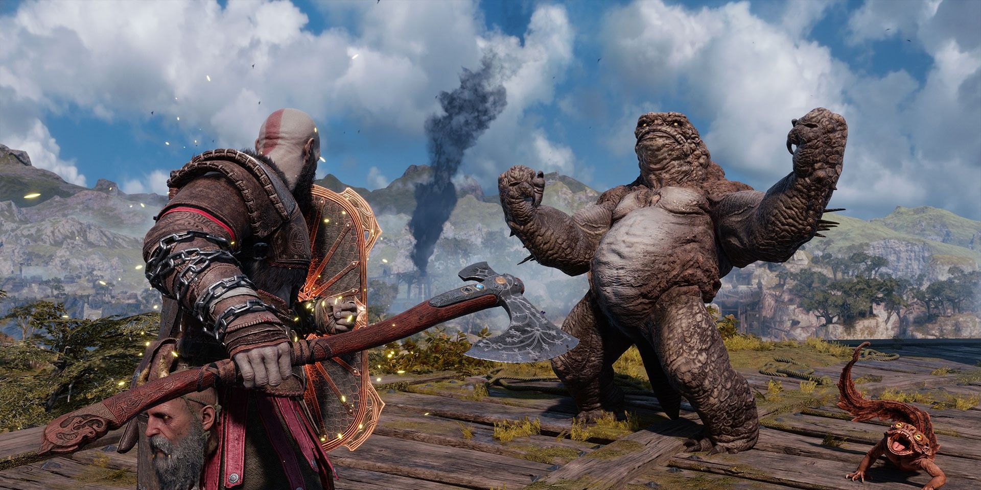 Kratos in God of War: Ragnarök facing off against two enemies