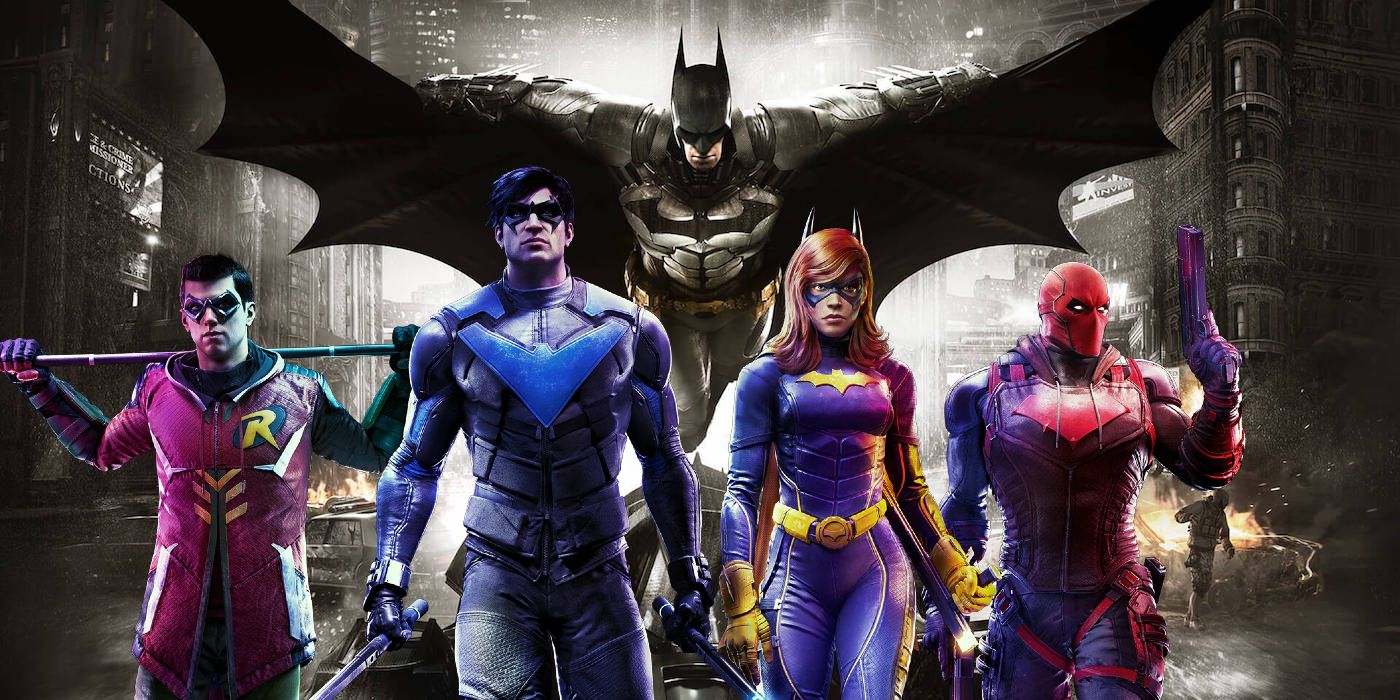 Gotham Knights heroes Robin, Nightwing, Batgirl and Red Hood in front of Batman and the Batmobile from Arkham Knight