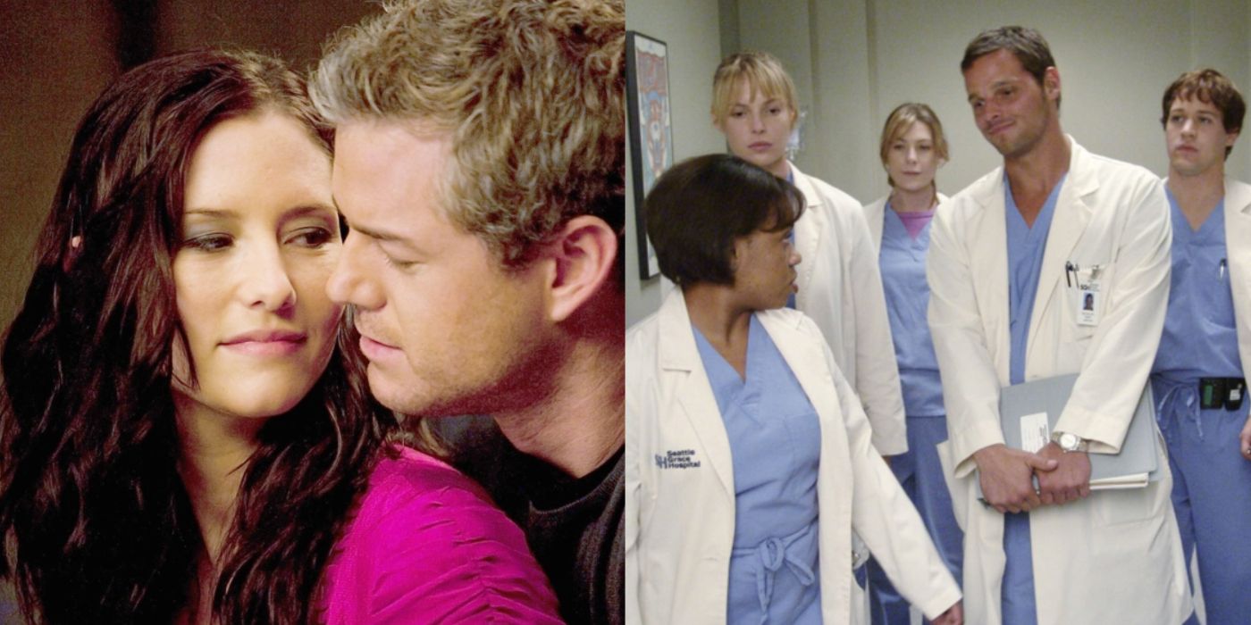 Split image showing Mark flirting with Lexie and the original interns