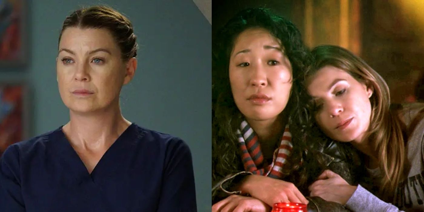 Split image of Meredith Grey looking serious and Cristina Yang and Meredith hugging on Grey's Anatomy