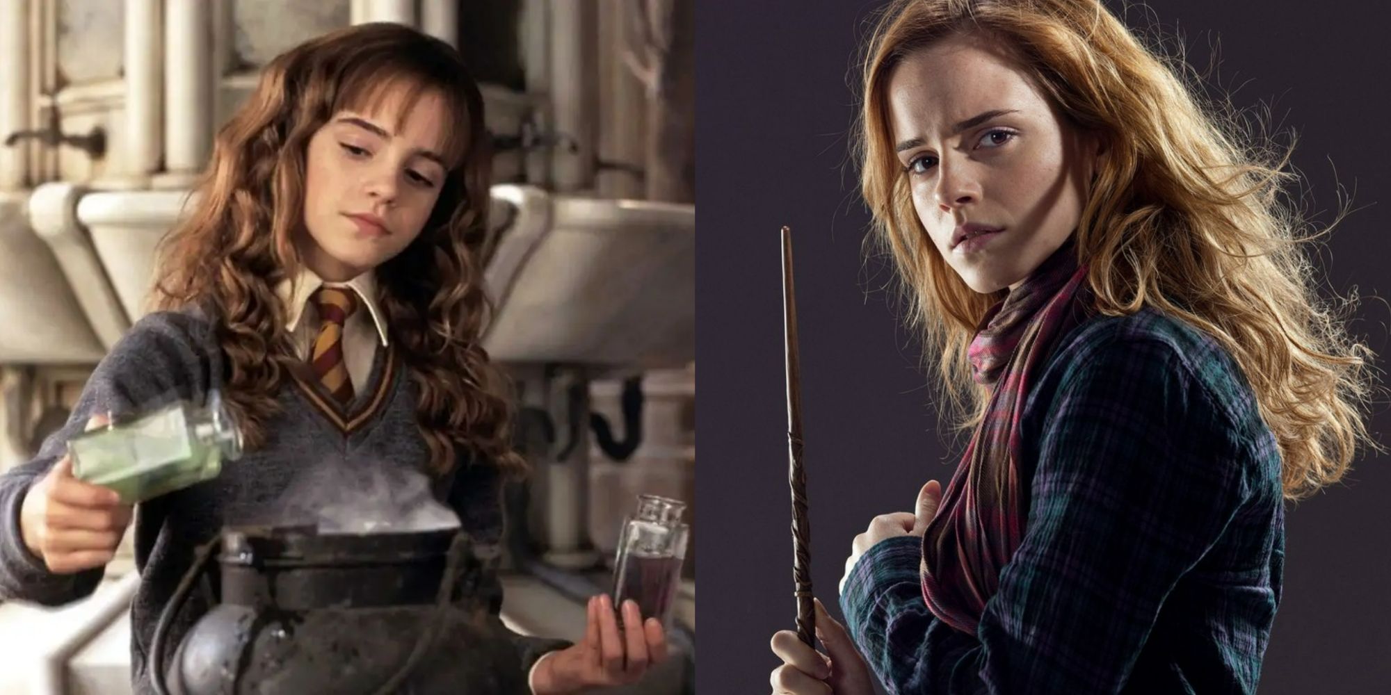 A split image showing two different shots of Hermione Granger from Harry Potter.