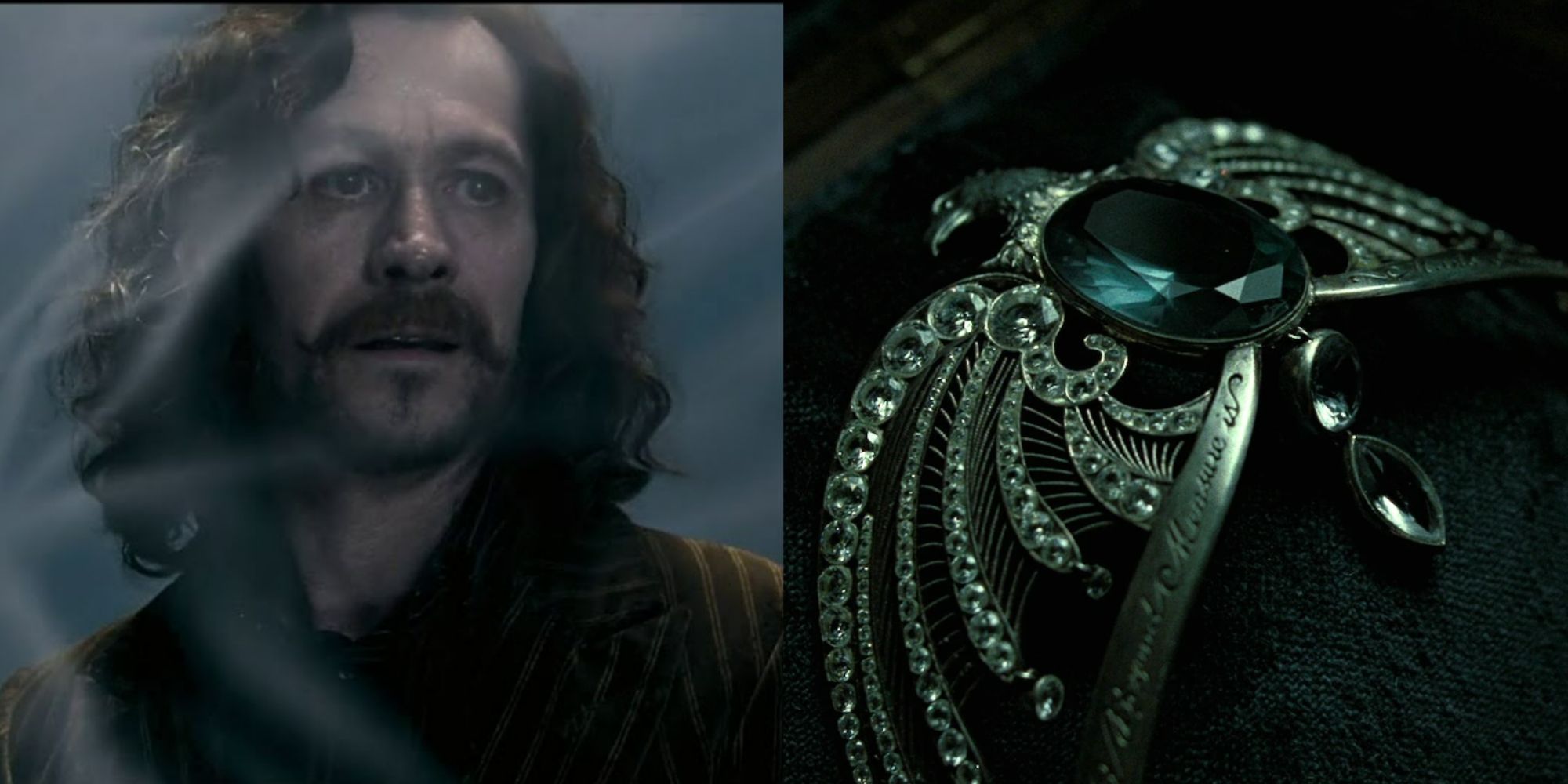 A split image showing Sirius Black on the left and the lost diadem on the right from Harry Potter.