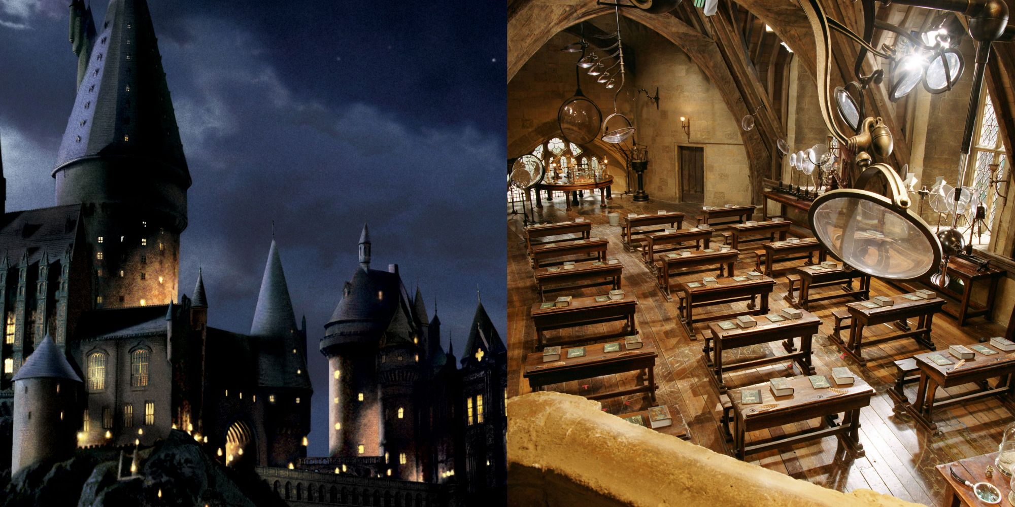 A split image showing Hogwarts Castle on the left and the inside of a classroom on the right from Harry Potter.