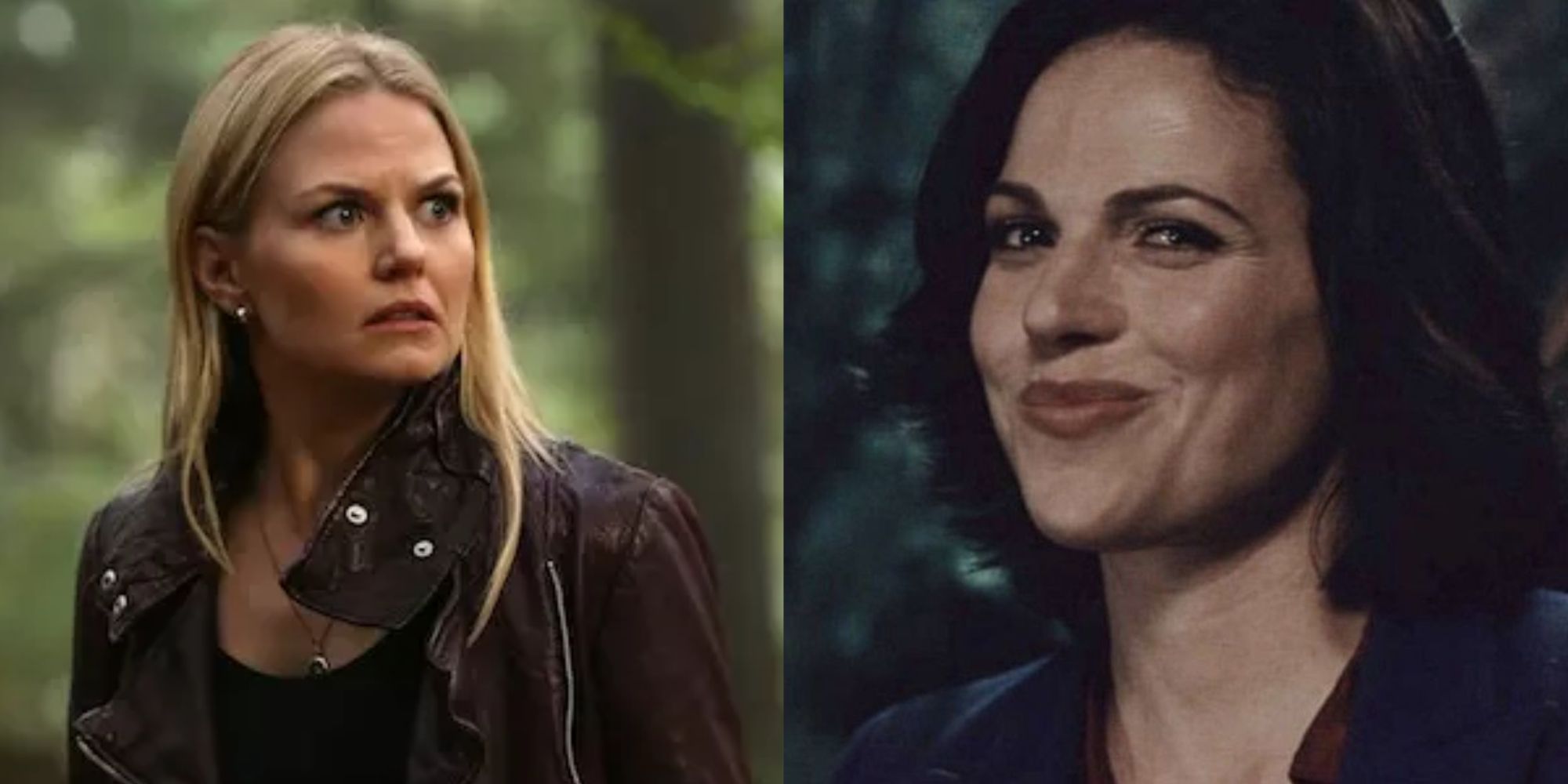 Split image of Emma Swan looking shocked and Regina Mills smirking