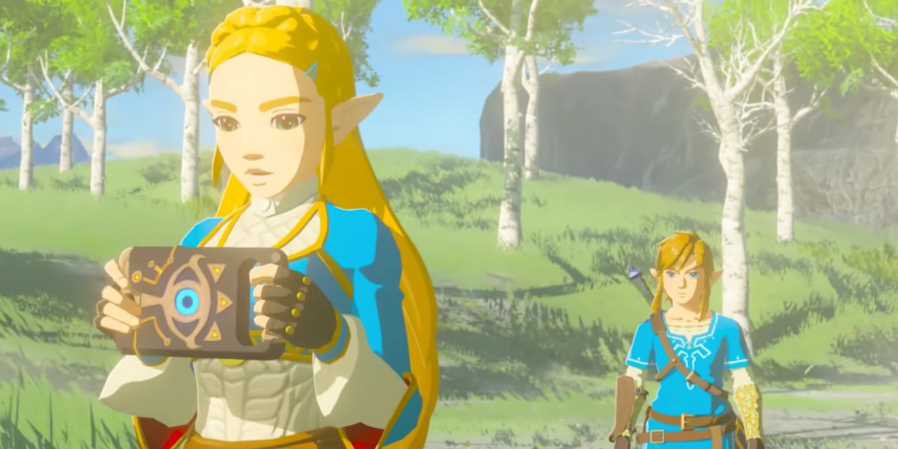 Zelda and Link standing in a grassy clearing in Breath of the Wild, surrounded by small trees